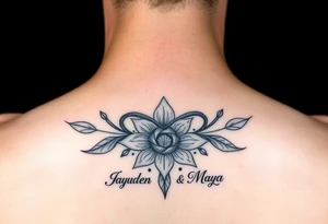 January December july birth Flower infinity sign and the names Jayden and Maya tattoo idea