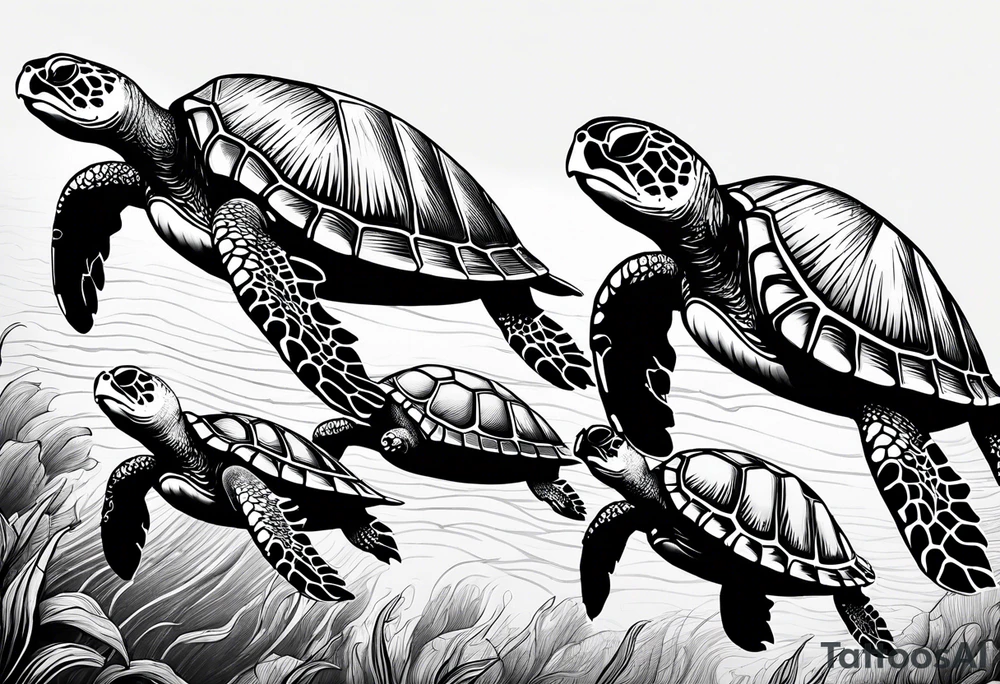 Four sea turtles swim in a row one after the other tattoo idea