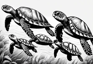 Four sea turtles swim in a row one after the other tattoo idea