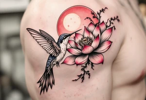 A hummingbird drinking from a lotus flower with one wing made of light (sun disc) and the other made of shadow (crescent moon) (red and black only) tattoo idea