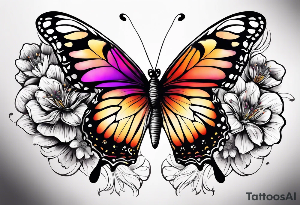 5. Butterfly: “A vibrant butterfly with colorful wings, resting on a flower, showcasing transformation and beauty.” tattoo idea