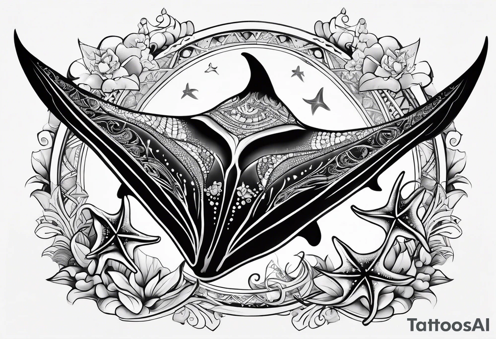 A manta ray with a sea star as a polynesian tattoo. A smaller tattoo for female forearm or wrist tattoo idea