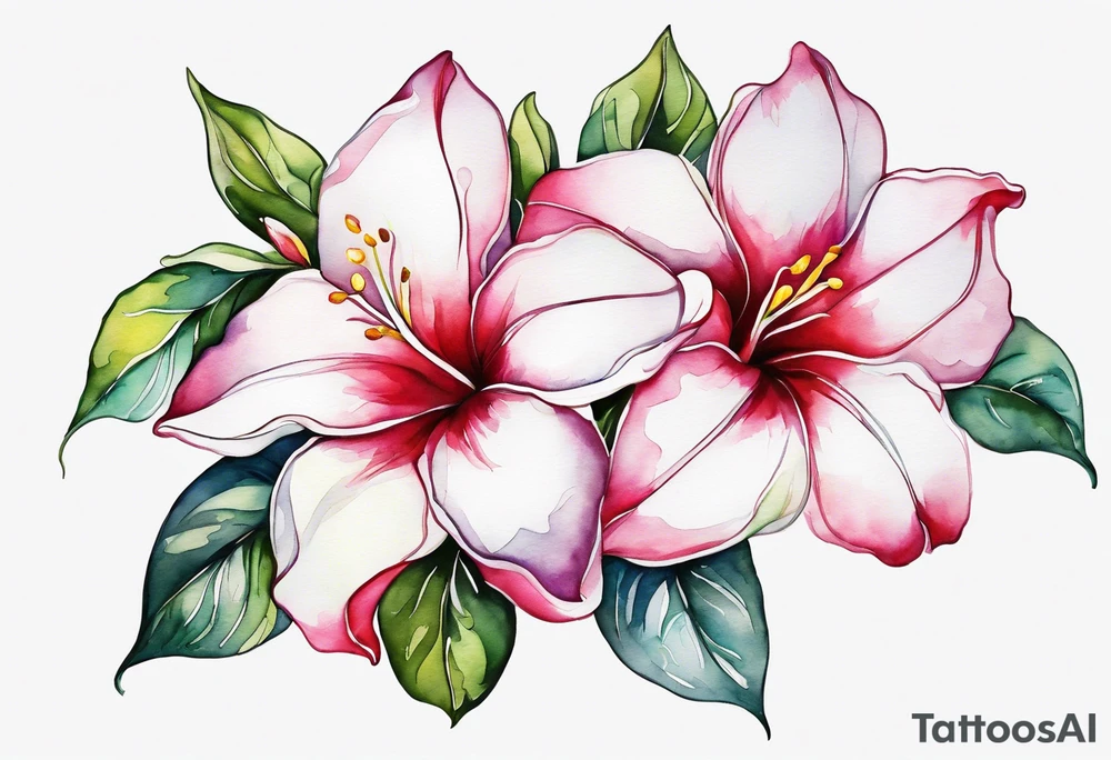 white background, abstract mandevilla flowers on a vine, part of it watercolor, part of it just line work tattoo idea
