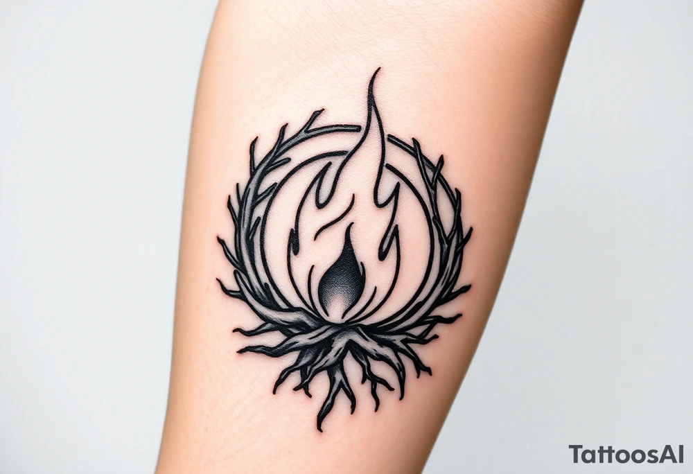 a round flame imprisoned in a roots circle tattoo idea
