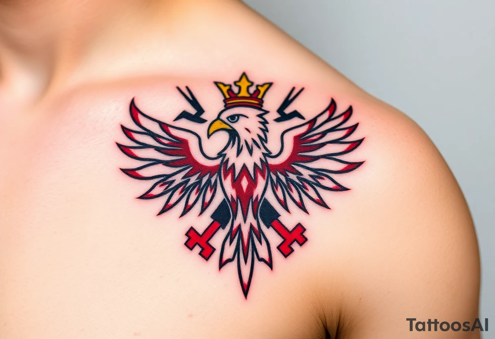 A red and white The Moravian eagle  with golden crown on its head surrounded by a storm, with dark clouds and lightning bolts tattoo idea