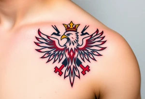 A red and white The Moravian eagle  with golden crown on its head surrounded by a storm, with dark clouds and lightning bolts tattoo idea