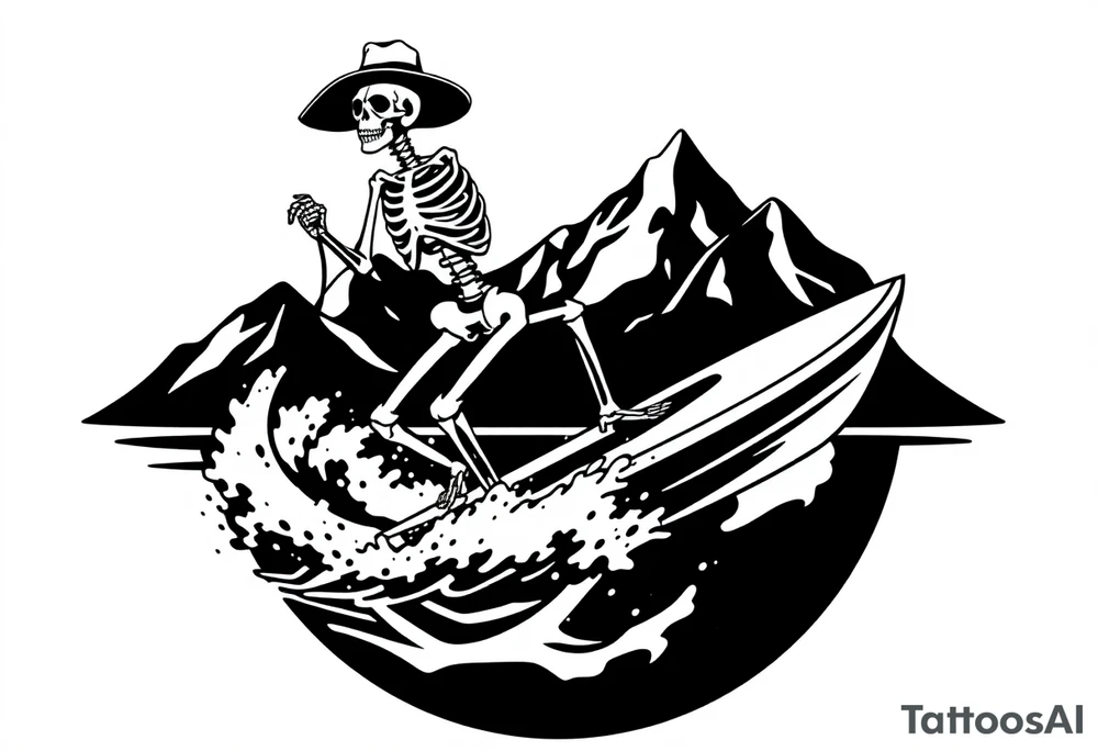 simple skeleton wakeboarding behind boat, holding onto waterspouts rope handle with one hand, simple mountains in the background tattoo idea