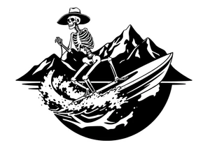 simple skeleton wakeboarding behind boat, holding onto waterspouts rope handle with one hand, simple mountains in the background tattoo idea