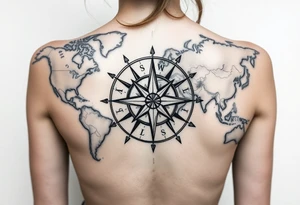 antique compass rose overlaid on weathered world map with sailing ships tattoo idea