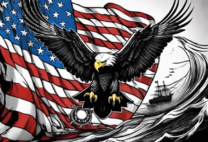 A American  flag waving with Marine eagle globe and anchor  twisted in flag below is special forces divers and helicopter  in sky tattoo idea