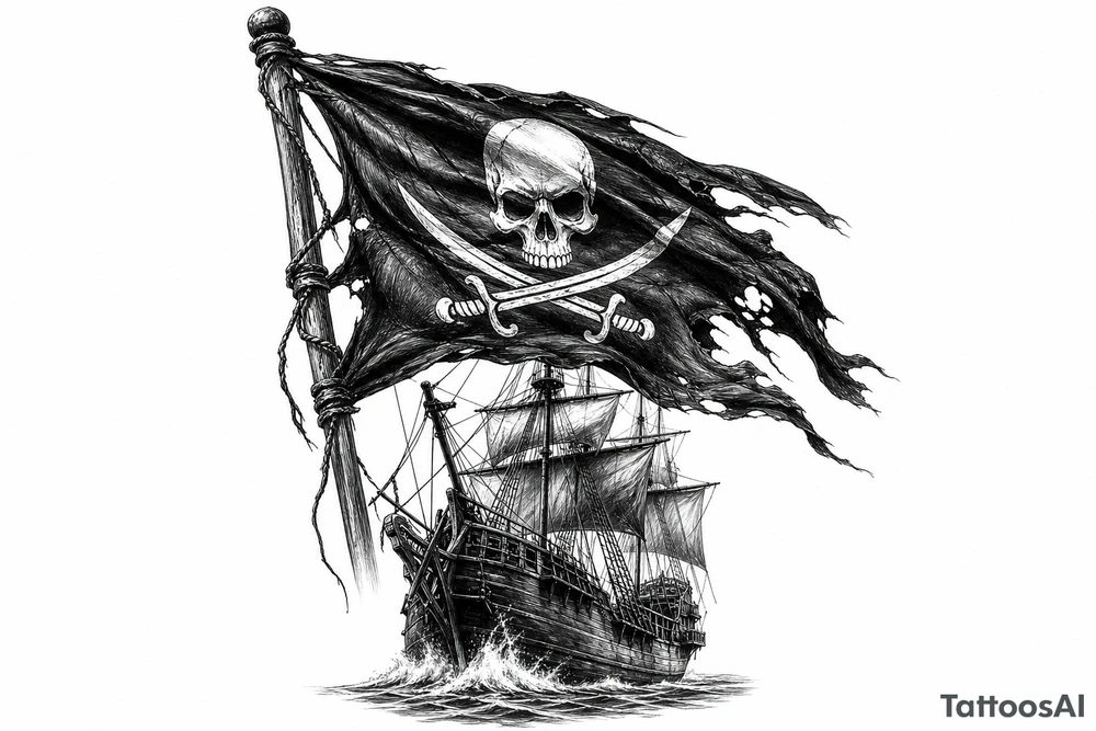 Tattered Jolly Roger flag whipping in the wind above a pirate ship. tattoo idea