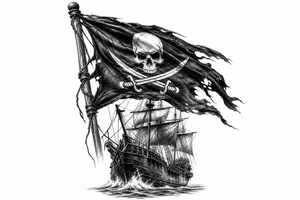 Tattered Jolly Roger flag whipping in the wind above a pirate ship. tattoo idea