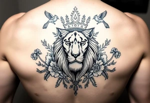 powerful majestic lion with a crown, surrounded by floral ornaments and birds tattoo idea