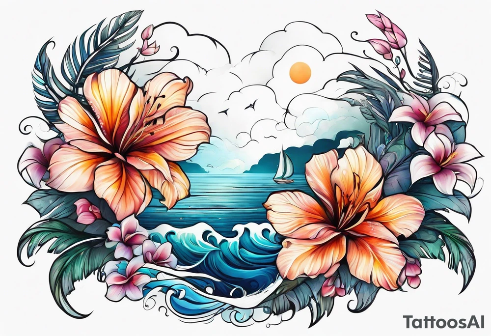 sea,, night, flower, palm, tattoo idea