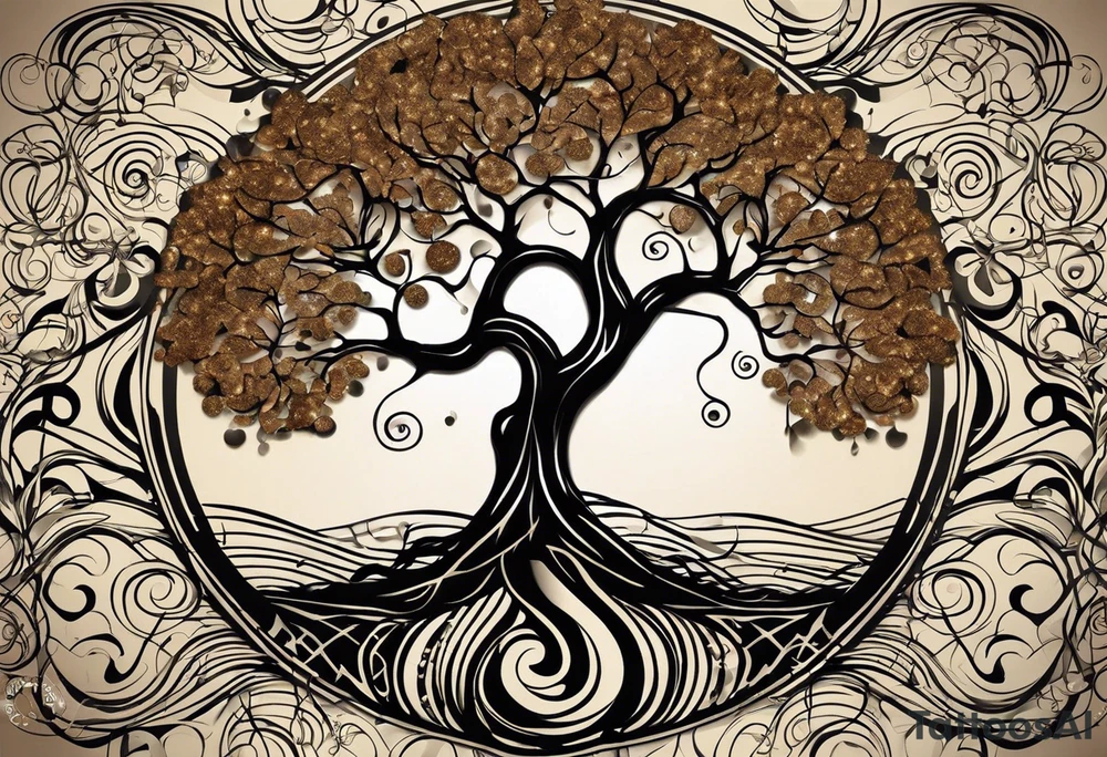 A tattoo design that incorporates the following elements: an abstract tree of life that has roots emerging  from the ground. Waves of water wrap around the tree in a non symmetrical design.  Incorporate musical notes into the tree. the letters U and A are overlapping and engraved into the tree. incorporate a golf ball or golf course symbols like a flag but not prominent. tattoo idea