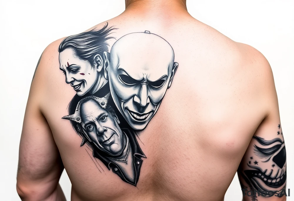 Left full arm sleeve. Michael Myers is the largest and main focal point. It should have the other horror characters like Jason, Freddy, the clown from saw, sam, the leprechaun,  chuckie, pin head, art the clown, leather face penny wise. tattoo idea