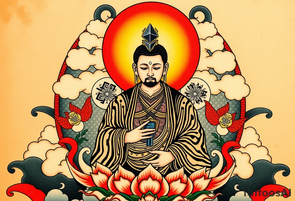 "Tibetan thangka tattoo with:  
1. DIGITAL DEITY:  
   - Central figure is a crypto wallet (QR-code face)  
   - Halo = Ethereum logo (геометрический узор)  
   - Hands in 'HODL' mudra (жест криптоадепта)  

2. TRADITIONAL ELEMENTS:  
   - Lotus throne → Server rack  
   - Clouds → Mining rig schematics  
   - Flames of wisdom → Binary code streams  

3. SECRET LAYERS:  
   - При ближайшем рассмотрении:  
     - QR ведёт на ранний рассказ Пелевина  
     - В узорах одежды спрятано '404 Nirvana Not Found'  
     - Мантра на свитке: 'To the Moon' на санскрите  

TECH SPECS:  
- Размер: 12x18cm (предплечье/спина)  
- Стиль: Нео-трайбл с элементами glitch art  
- Цвета: Чёрный + электрик-синий (только для QR) tattoo idea