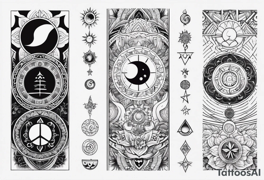 Arm sleeve tattoo with spiritual symbols, sun and moon, 7 chakras, peace symbol and strength that is a mixture of the divine feminine and masculine tattoo idea