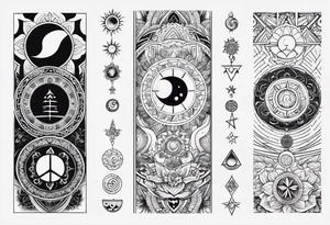 Arm sleeve tattoo with spiritual symbols, sun and moon, 7 chakras, peace symbol and strength that is a mixture of the divine feminine and masculine tattoo idea
