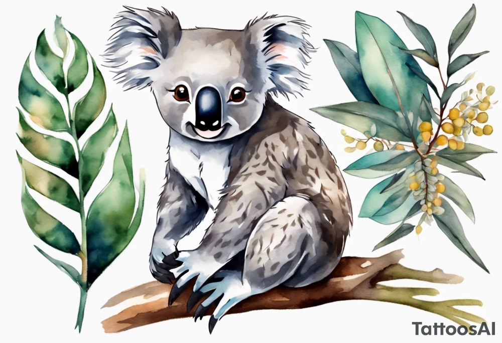 Koala and kookaburra separately sitting on wattle and eucalyptus leaves tattoo idea