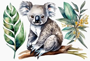 Koala and kookaburra separately sitting on wattle and eucalyptus leaves tattoo idea
