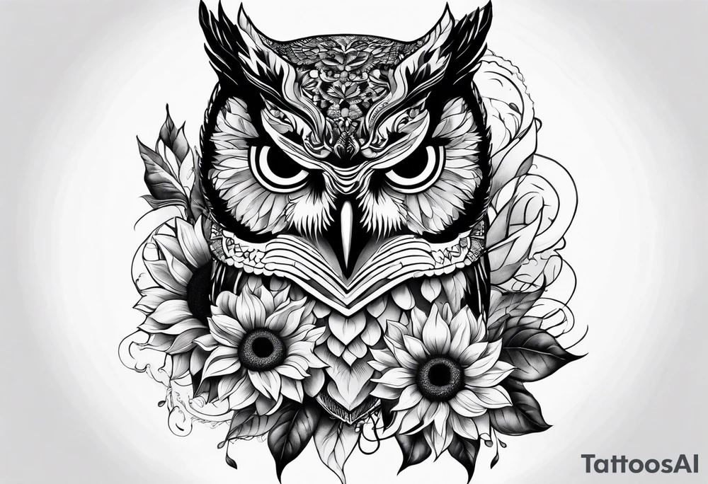 Arm sleeve with colorful sunflowers and an owl tattoo idea