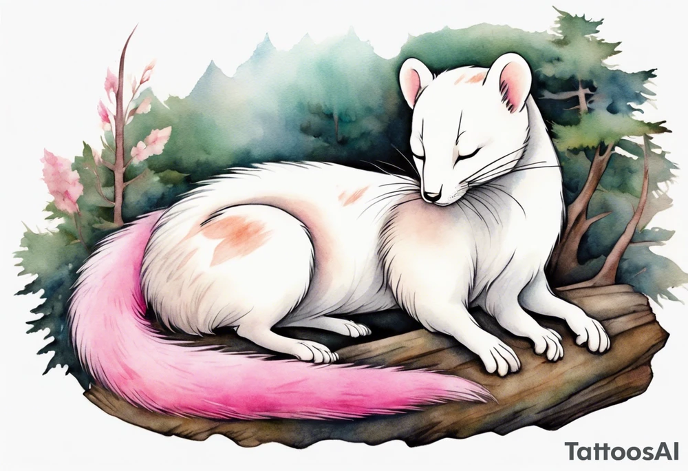 an ermine with pink fur and two tails sleeping in the forest tattoo idea