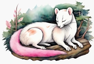 an ermine with pink fur and two tails sleeping in the forest tattoo idea