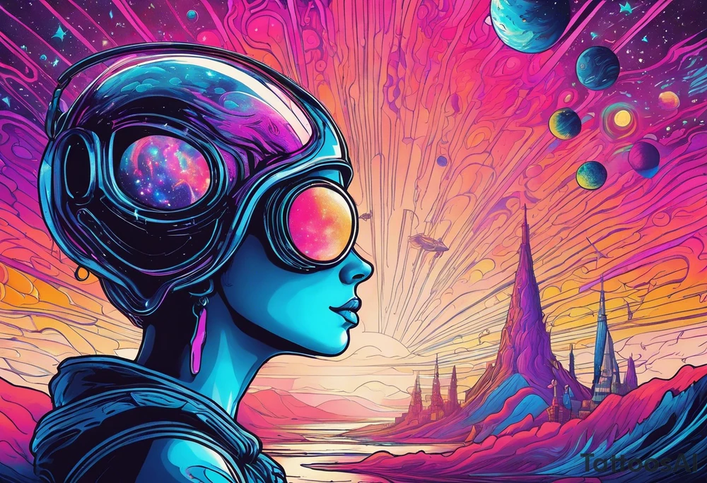 Full Back, synthwave, colossal Alien entities and space stuff, small human on The foreground in awe of The sheer scale of The infinite universe, More absurdist Aliens tattoo idea