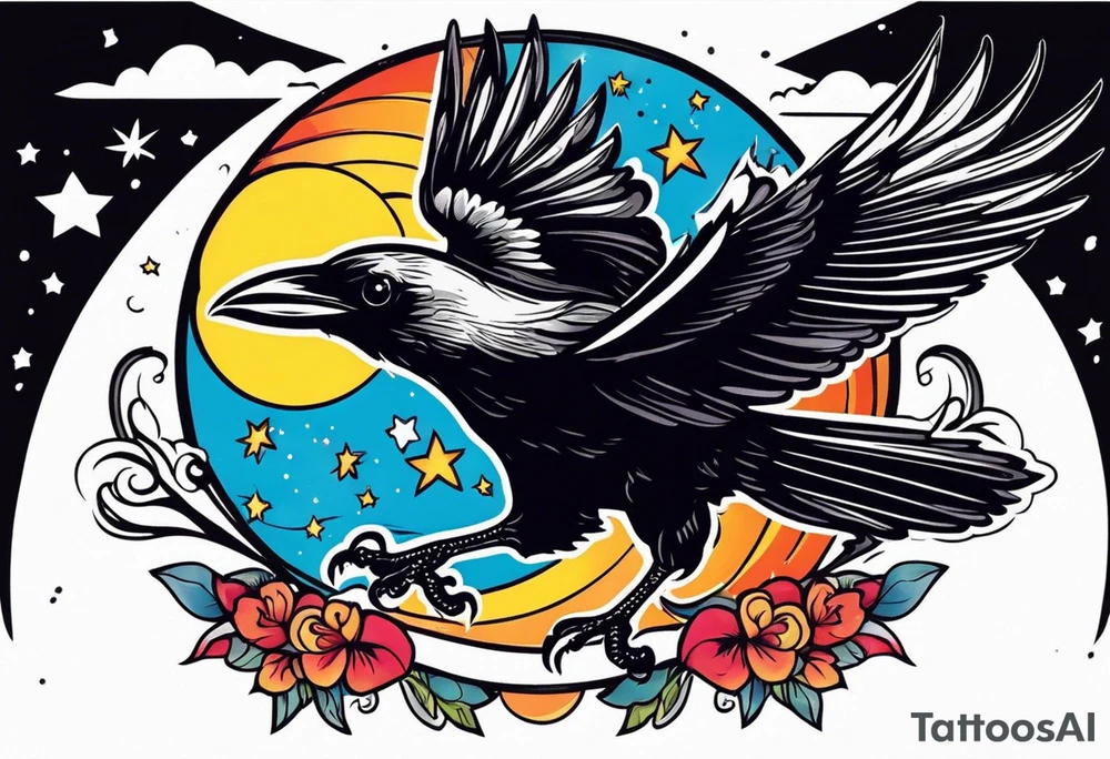 flying crow with a moon and stars in the background tattoo idea