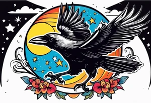 flying crow with a moon and stars in the background tattoo idea