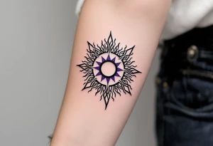 A minimalist black Celtic sun, outlined with violet accents, brings a modern touch to ancient symbolism. tattoo idea
