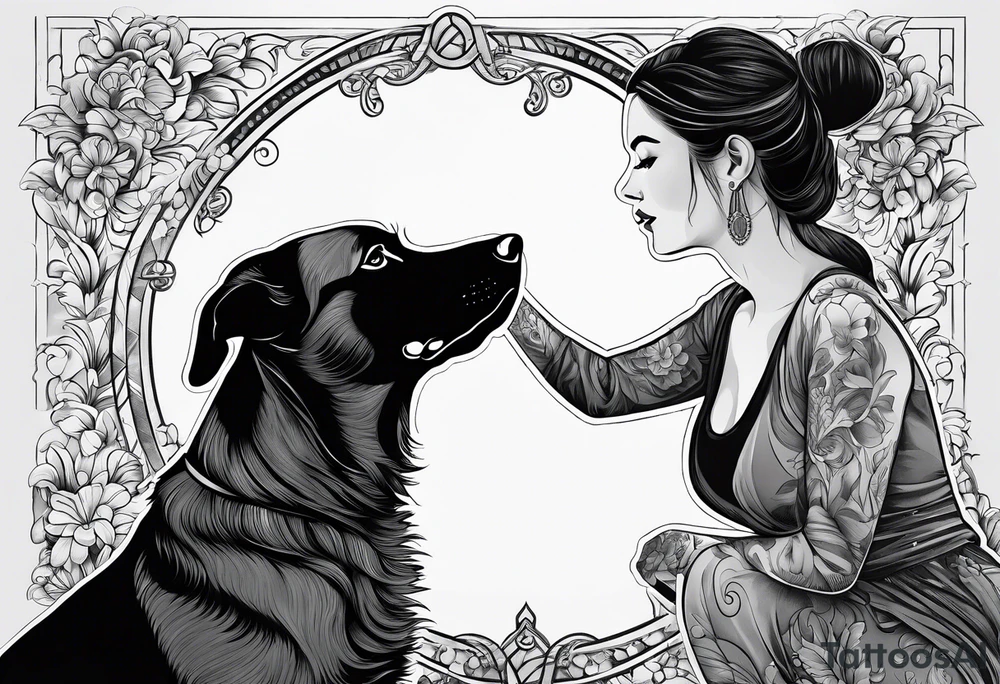 female dog reaching for the hand of a woman and she is facing backwords tattoo idea