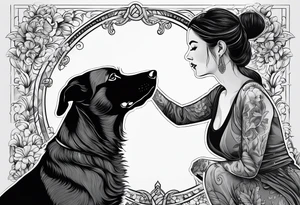 female dog reaching for the hand of a woman and she is facing backwords tattoo idea