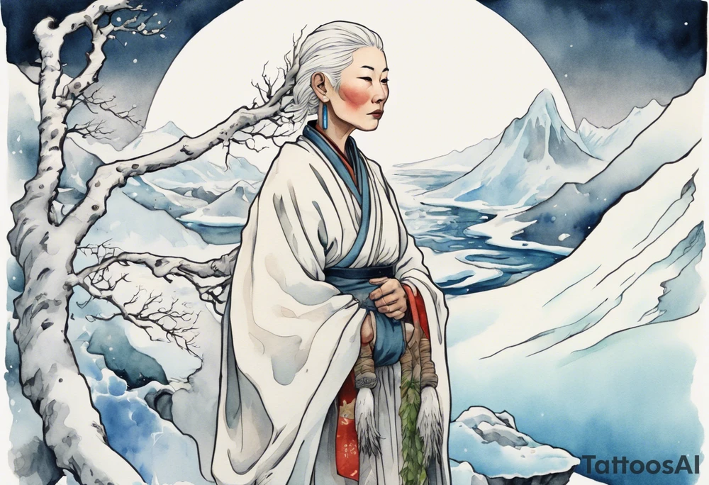 a 40 year old Sami woman with white hair and a white robe holding a long white tree branch, standing on an iceberg tattoo idea