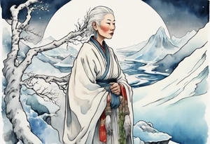 a 40 year old Sami woman with white hair and a white robe holding a long white tree branch, standing on an iceberg tattoo idea