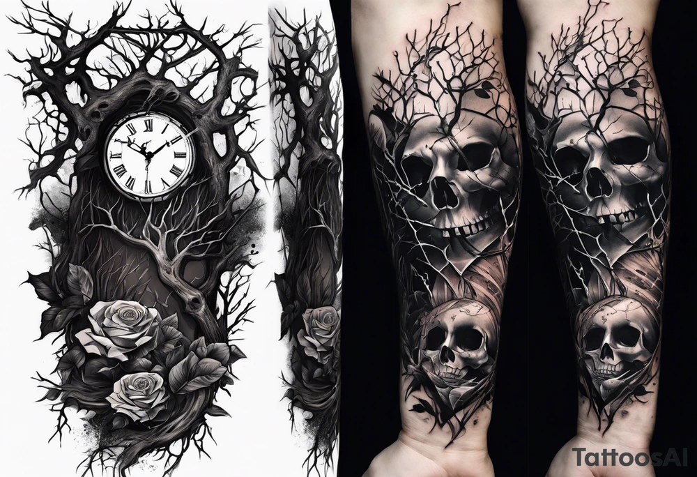 tattoo sleeve, tree roots break out of the chains at the bottom of the hand, Symbolizing loss, an image of a broken mask, Clock with flying numbers, girl, skull, roses tattoo idea