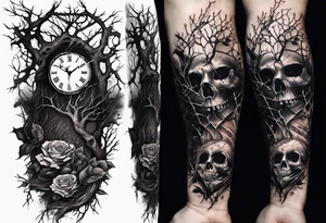 tattoo sleeve, tree roots break out of the chains at the bottom of the hand, Symbolizing loss, an image of a broken mask, Clock with flying numbers, girl, skull, roses tattoo idea