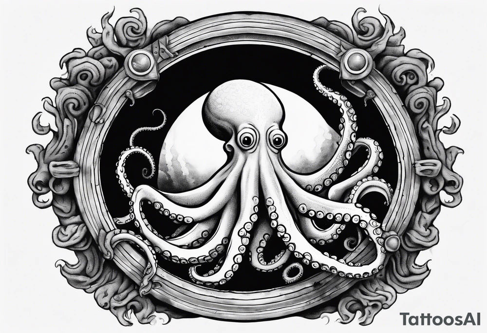 An octopus climbing out of a porthole. Fan shaped coral near the bottom of the porthole. Two arms of the octopus protrude from the porthole. tattoo idea