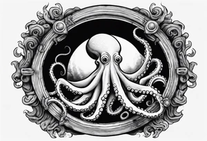 An octopus climbing out of a porthole. Fan shaped coral near the bottom of the porthole. Two arms of the octopus protrude from the porthole. tattoo idea
