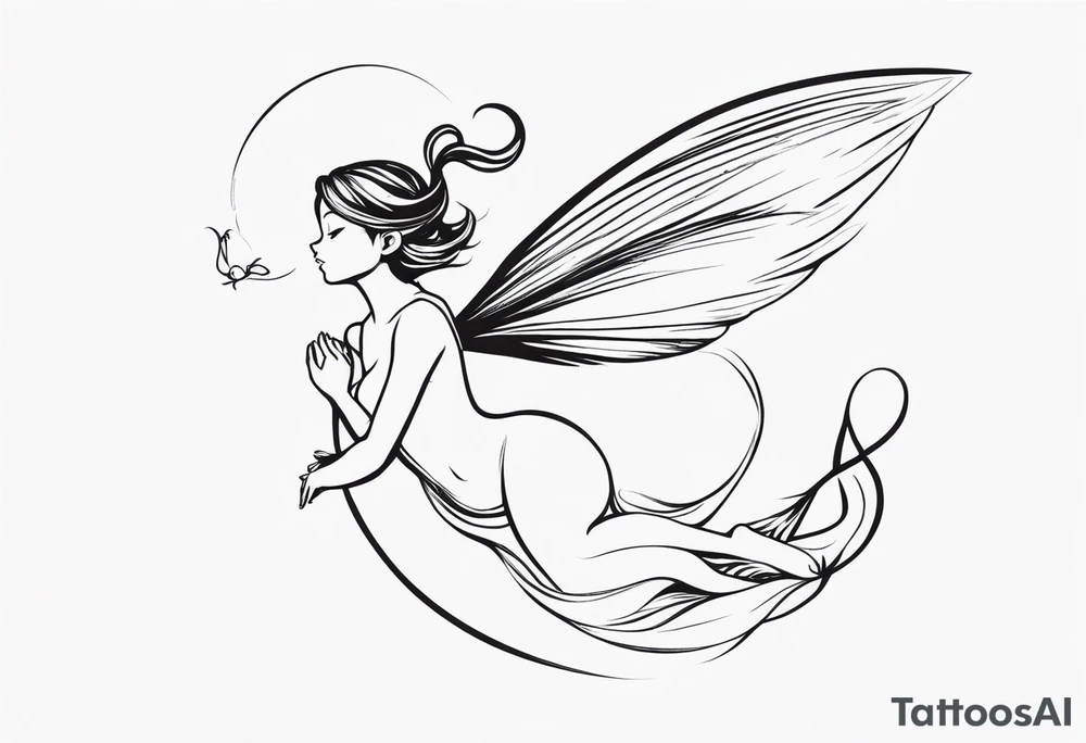 Minimalistic, monochromatic fairy with a tail flying to the left in a fetal position, leaning and looking in the same direction, with visible hands, embodying the 'Fairy Tail' logo aesthetic. tattoo idea