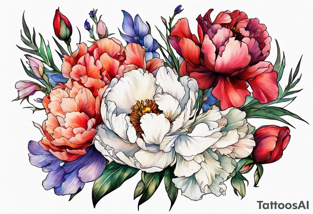 Mix of peonies, iris, poppy, cosmos, and gladiolus flowers tattoo idea