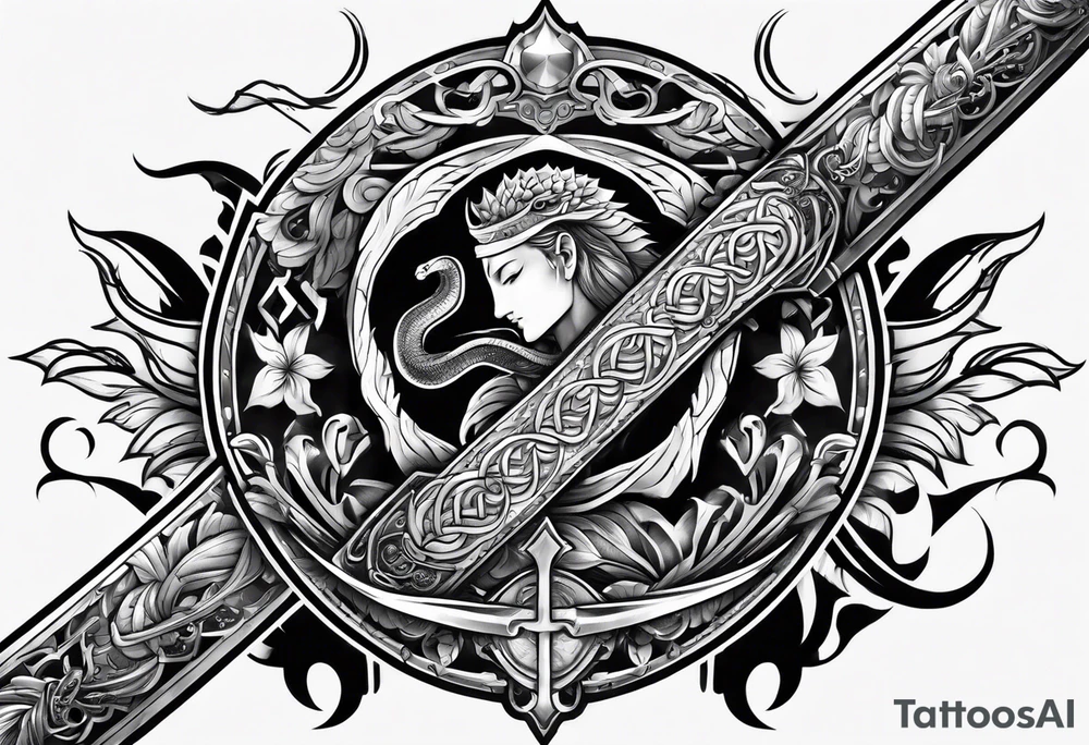 Sword with sum symbol on blade and snake going around the sword tattoo idea