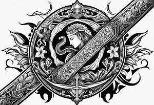 Sword with sum symbol on blade and snake going around the sword tattoo idea
