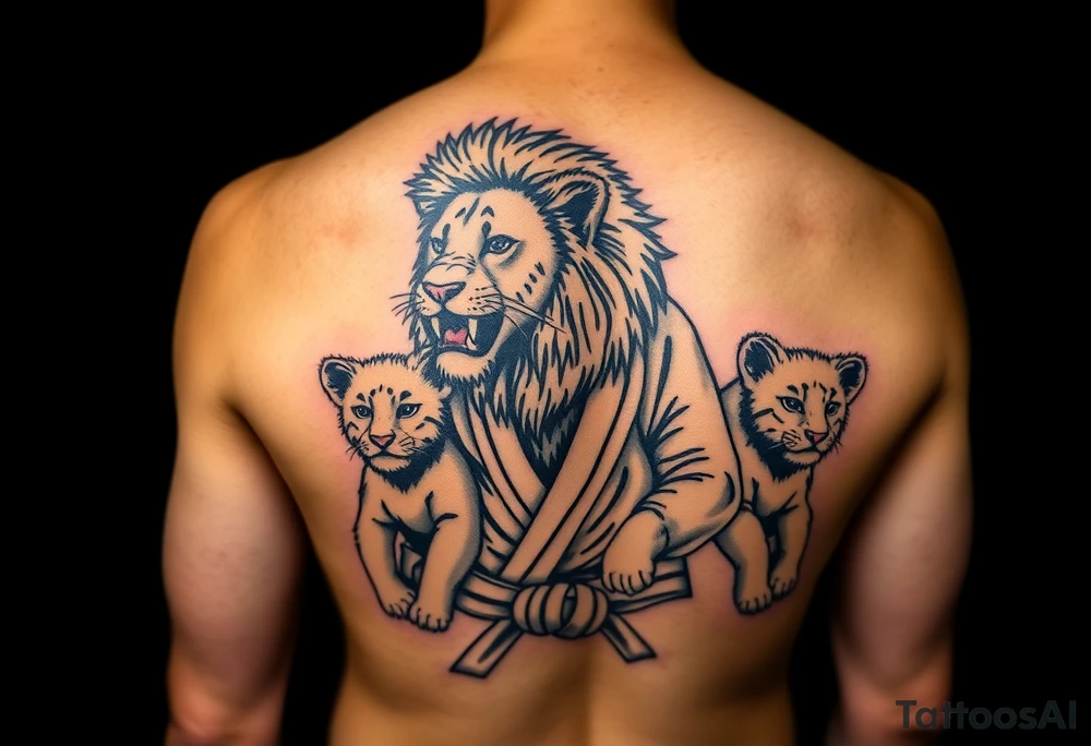 Lion wearing a Brazilian jiu jitsu gi as a person would along side his two cubs who are wearing the jiu jitsu gi as well. The surrounding area is the sarenghetti tattoo idea