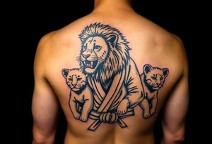 Lion wearing a Brazilian jiu jitsu gi as a person would along side his two cubs who are wearing the jiu jitsu gi as well. The surrounding area is the sarenghetti tattoo idea