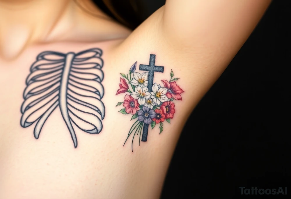 A tattoo with A tattoo featuring ribs and a cross symbolizes the journey from death to life. Include a bouquet of the following flowers emerging from the life side: Morning Glory, Lily of the Valley, Daffodil, Rose, Poppy, and Violet. and a cross representing from death to life. Incorporate the following flowers in a bouquet coming out of the life side. Morning Glory, Lily of the Valley, Daffodil, Rose, Poppy, Violet tattoo idea