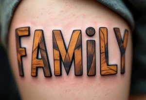 Family in capital letters, each one made of wooden textures in soft brown and beige tones. tattoo idea