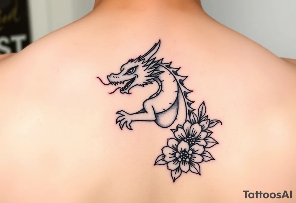 cute dragon with floral design around it tattoo idea