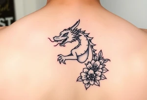 cute dragon with floral design around it tattoo idea